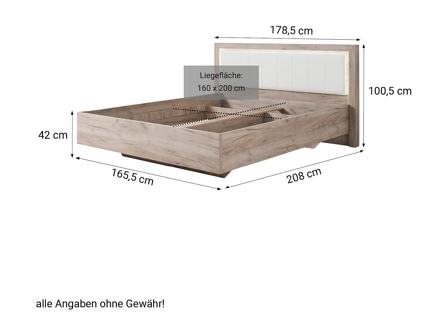 Bettgestell 178,5x100,5x208 cm Graueiche Weiß