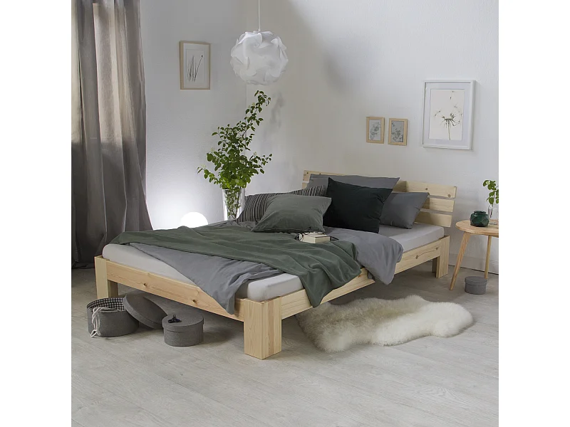 Lit double 120x200 cm pin naturel blanc