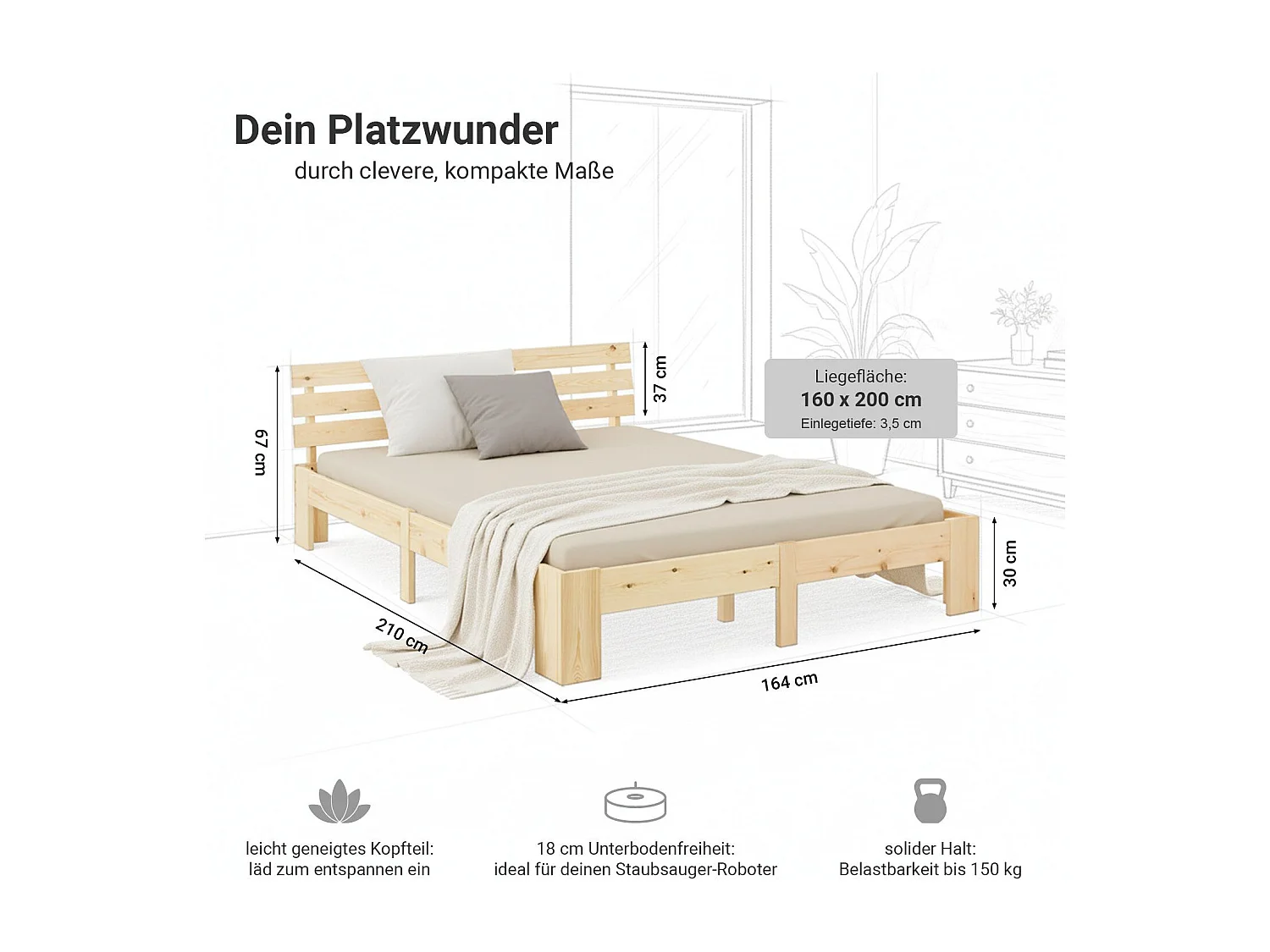 Łóżko podwójne 160x200 cm, naturalne drewno, łóżko futon