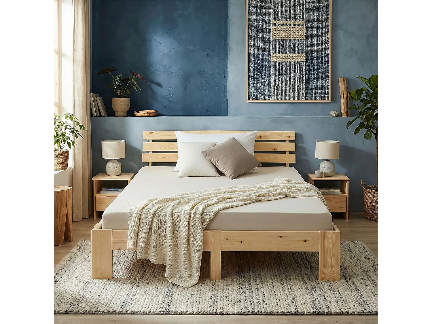 Łóżko podwójne 160x200 cm, naturalne drewno, łóżko futon