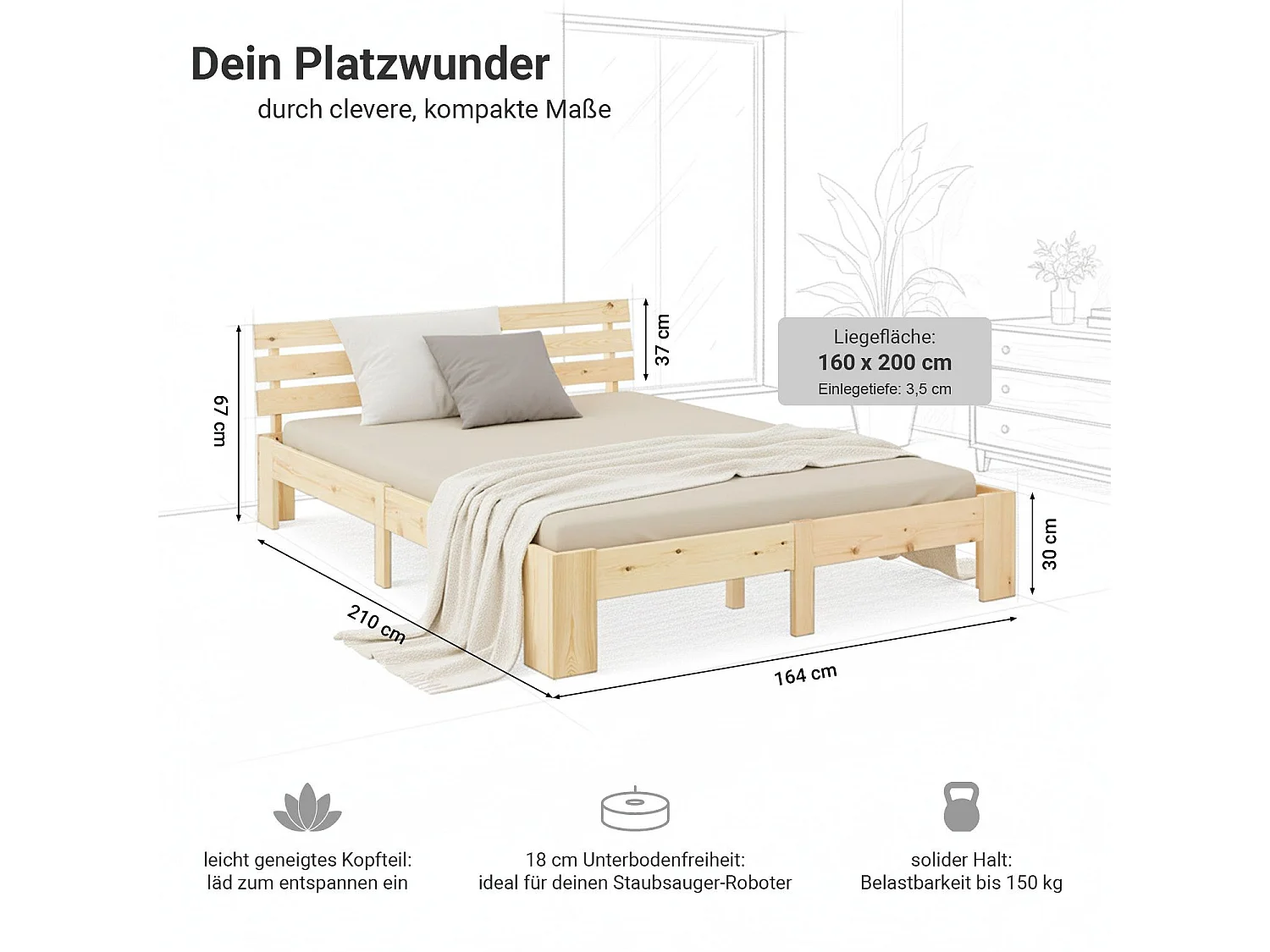 Doppelbett 160x200 cm Naturholz Futonbett