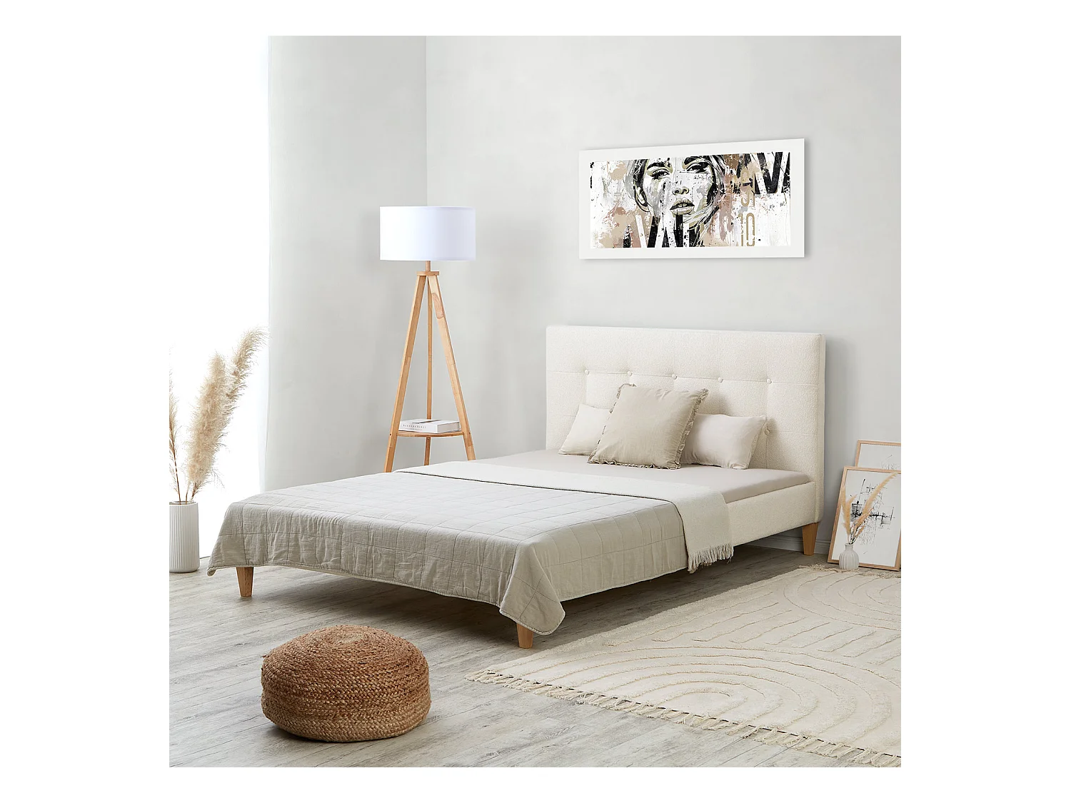 Lit 145,5x95x211 cm beige petit double avec matelas bouclé
