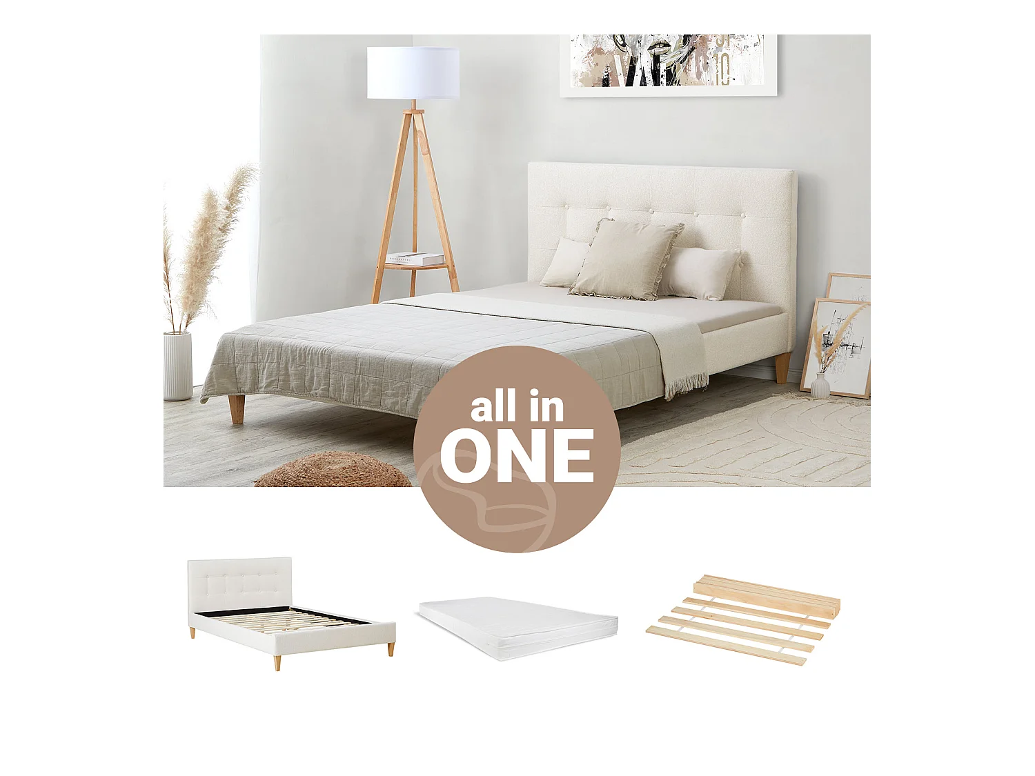 Letto 145,5x95x211 cm beige piccolo matrimoniale con materasso boucle