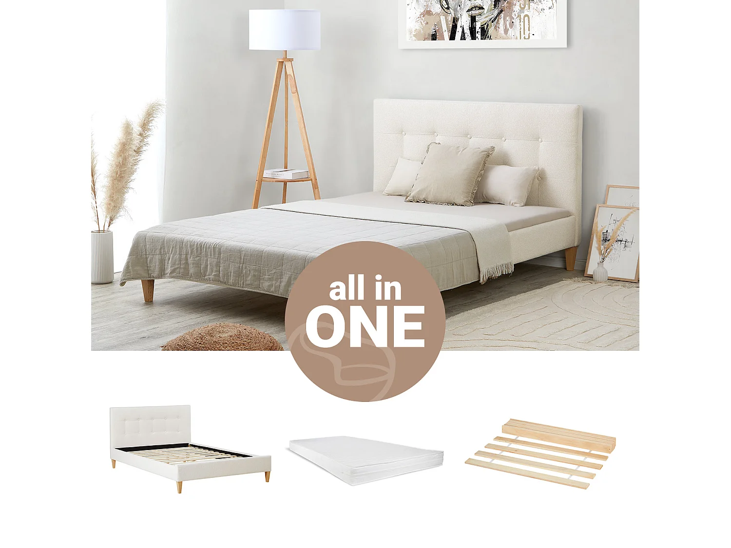 Bed 145,5x95x211 cm beige klein tweepersoons met matras boucle