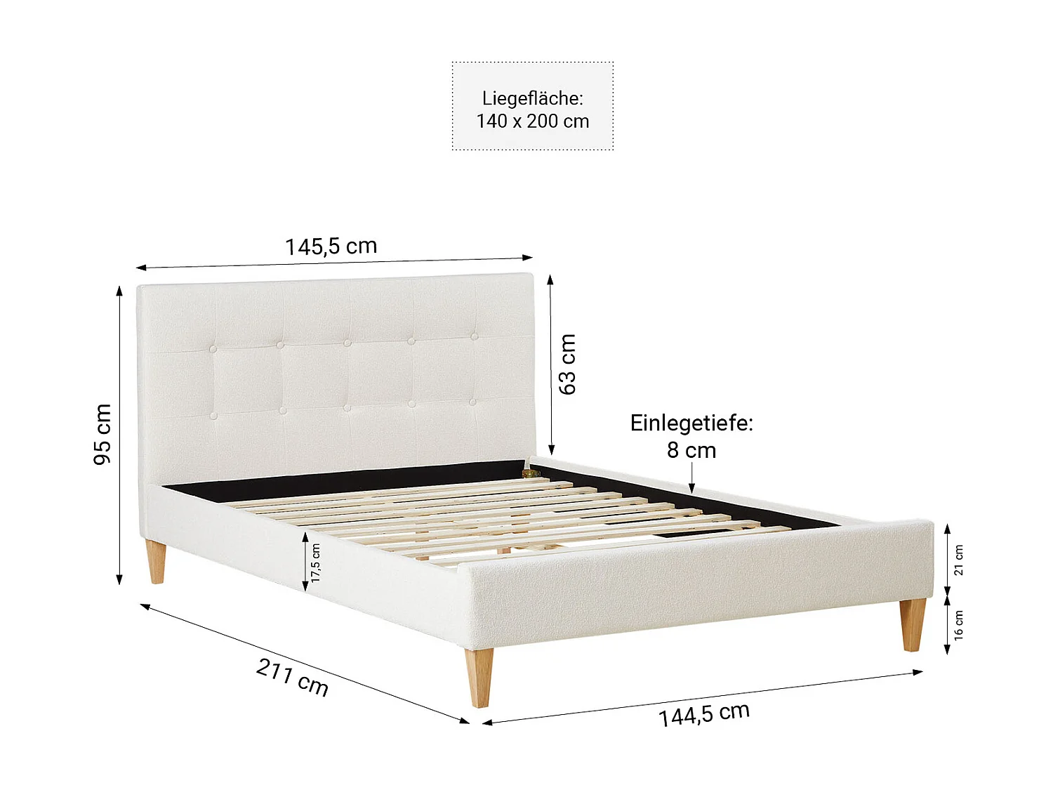 Bed 145,5x95x211 cm beige klein tweepersoons met matras boucle