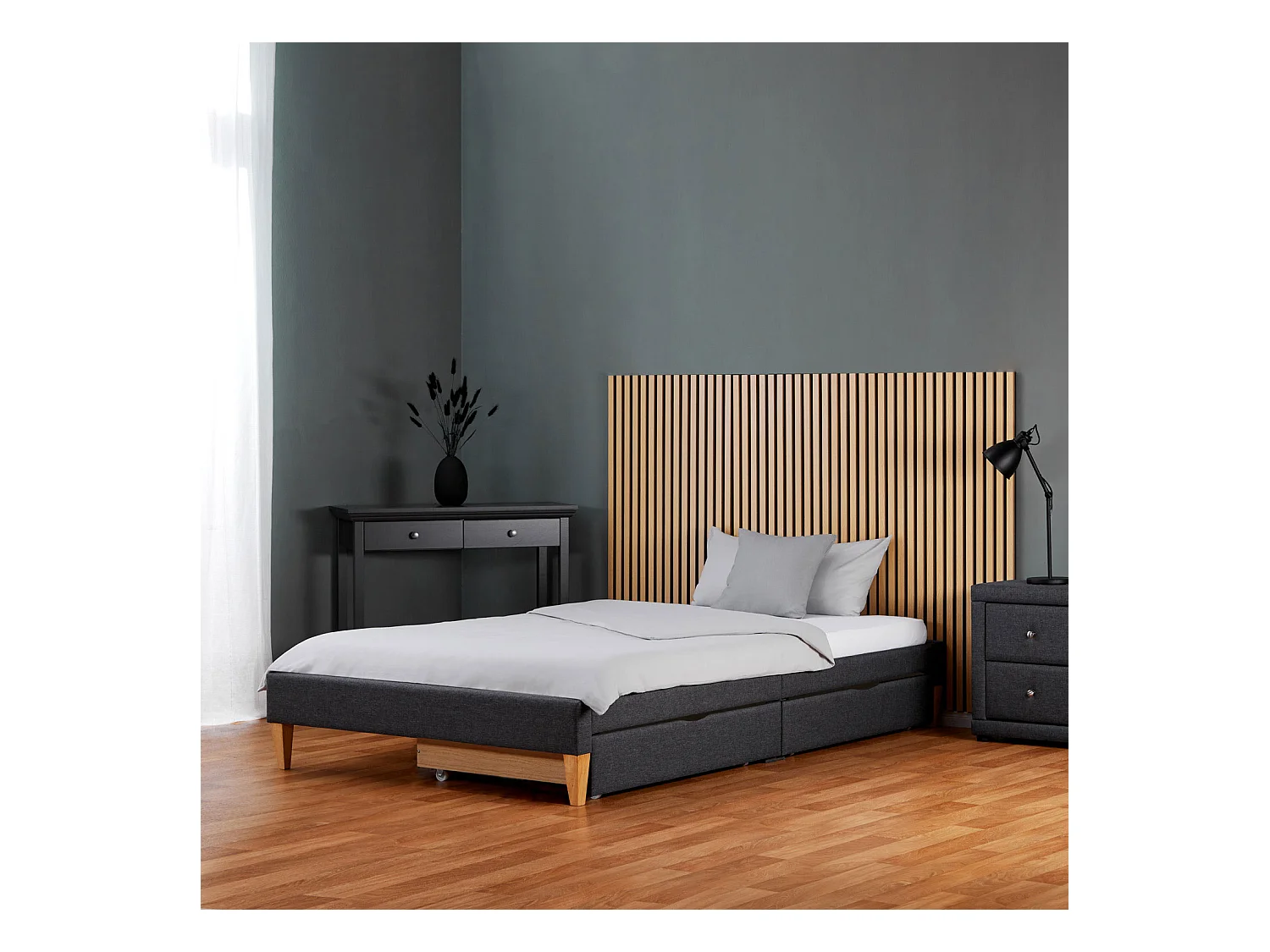Tapicerowane łóżko 95x32x210 cm szare z materacem i szufladami