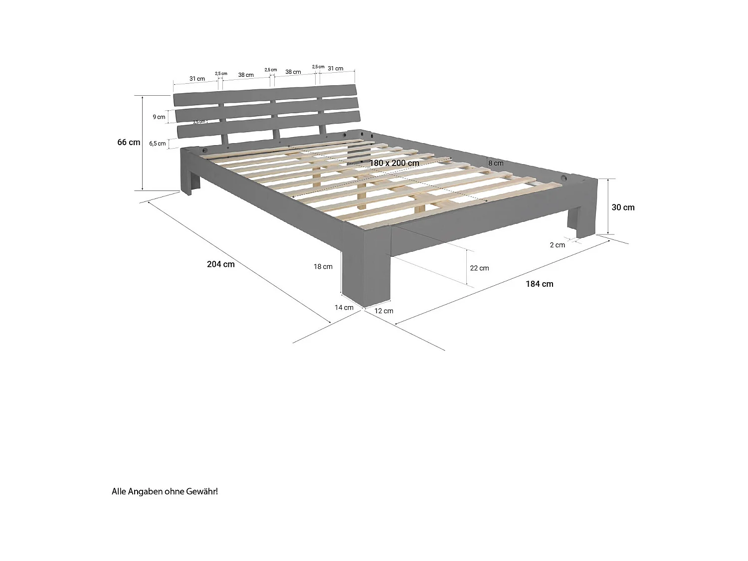 Doppelbett 180x200 cm Graue Kiefer