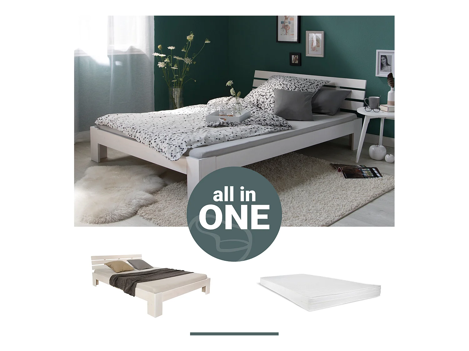 Lit double 140x200 cm blanc Pin massif