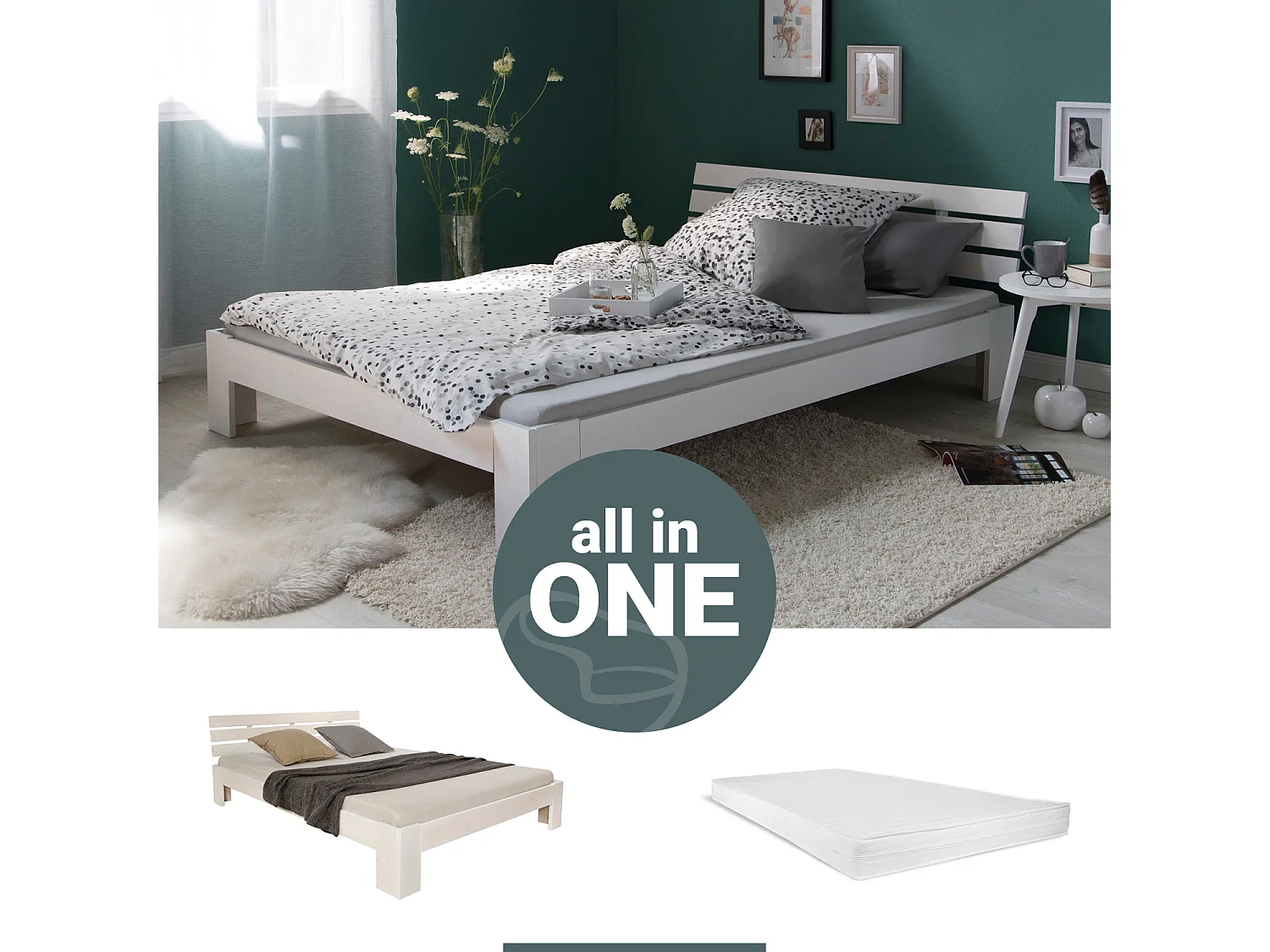 Letto matrimoniale 140x200 cm bianco Pino massiccio