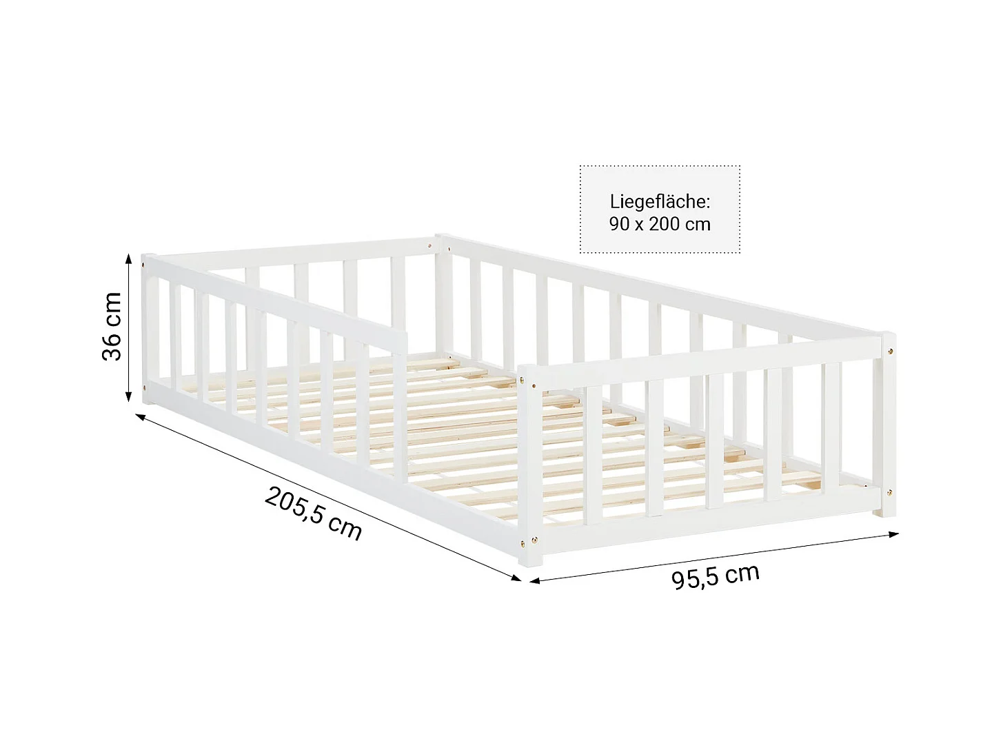 Kinderbett auf dem Boden 90x200 cm weiß