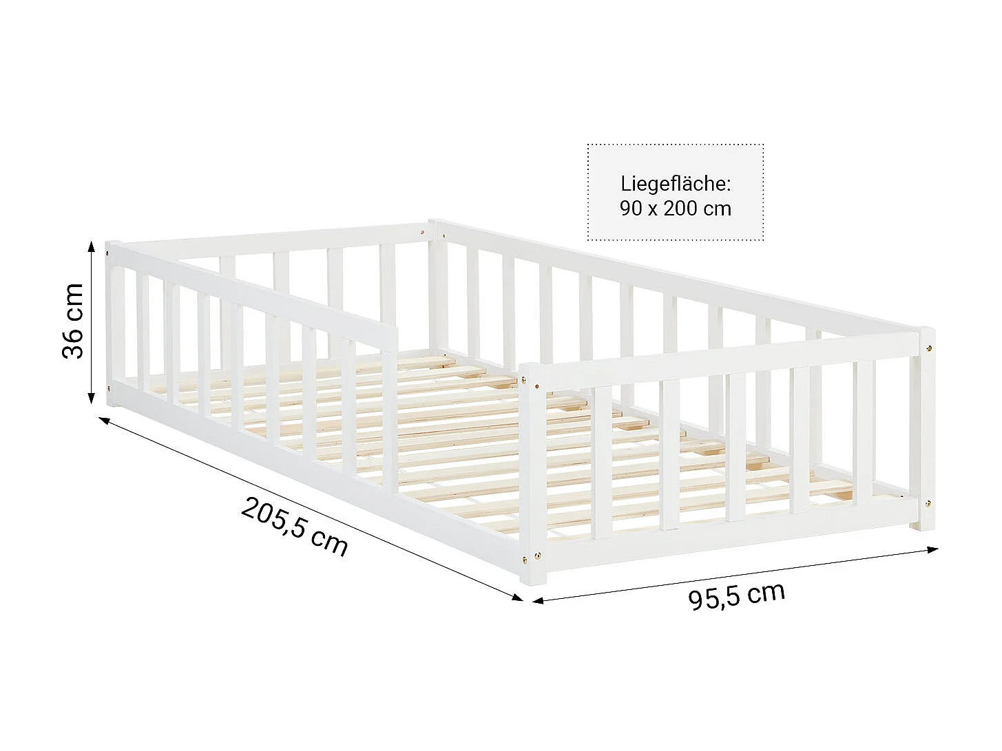 Kinderbett auf dem Boden 90x200 cm weiß