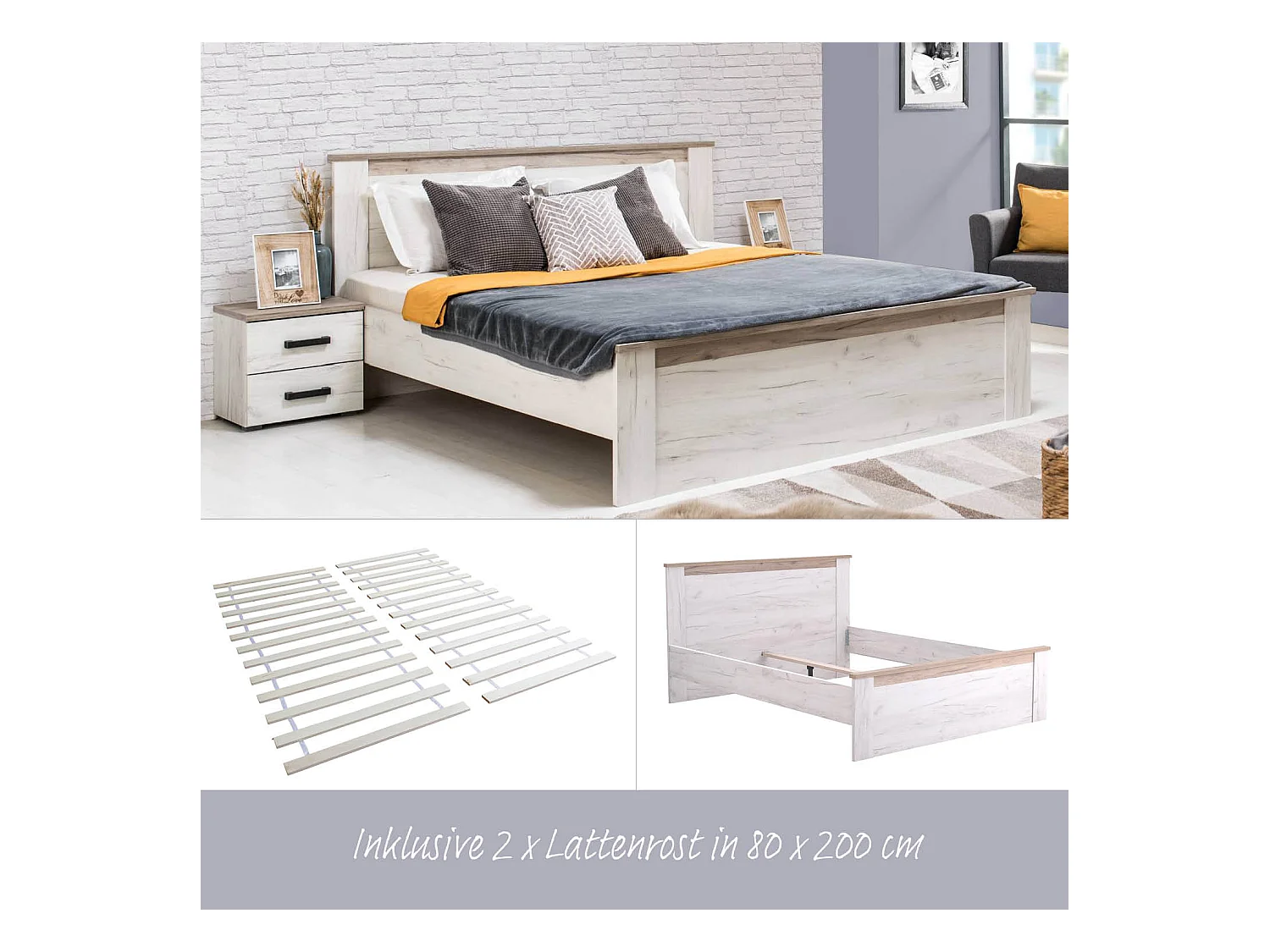 Bettgestell 160x200 cm weiße Eiche grau Vintage