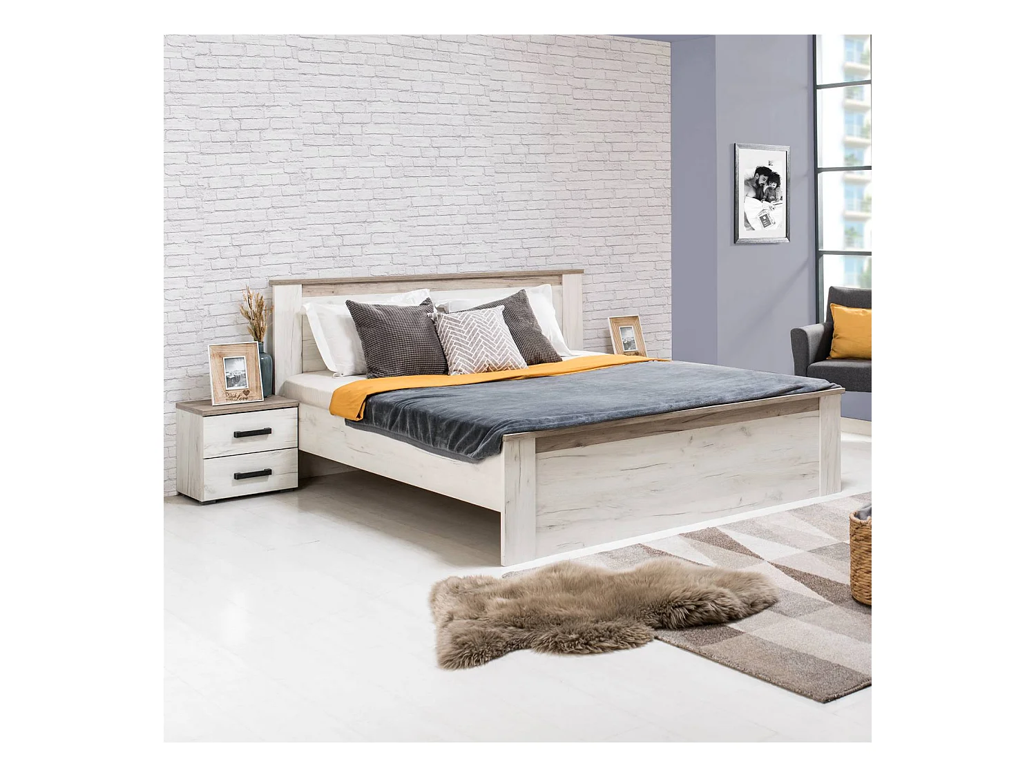 Estrutura de cama 160x200 cm carvalho branco cinza vintage