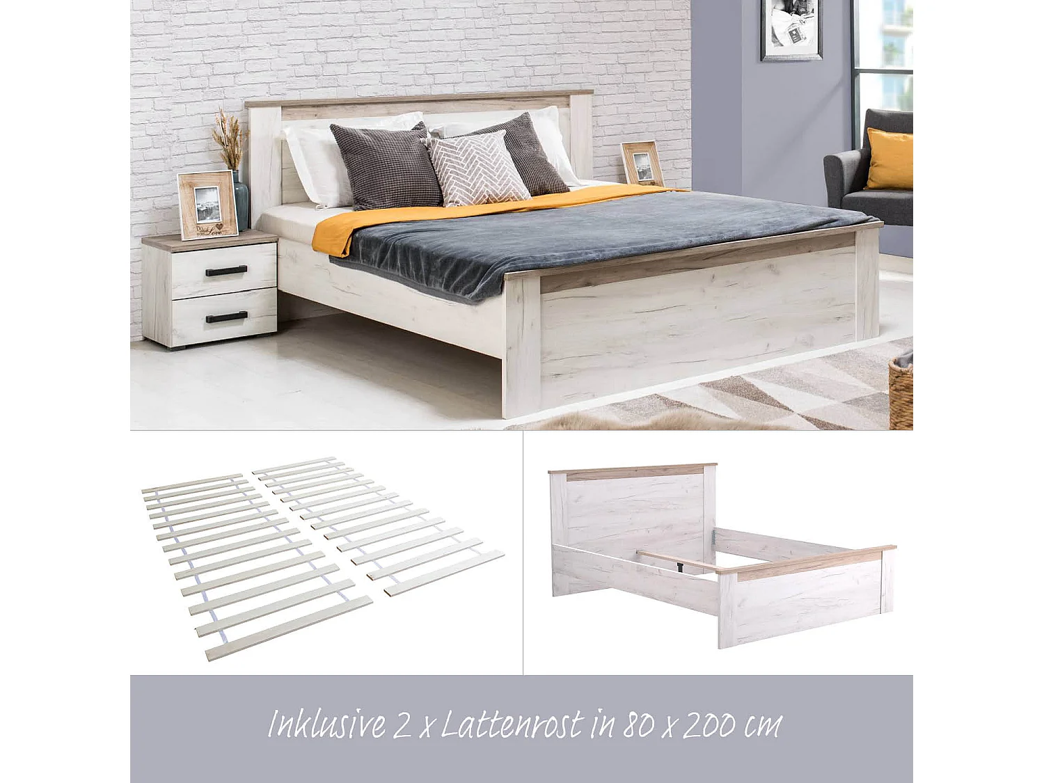 Bettgestell 160x200 cm weiße Eiche grau Vintage