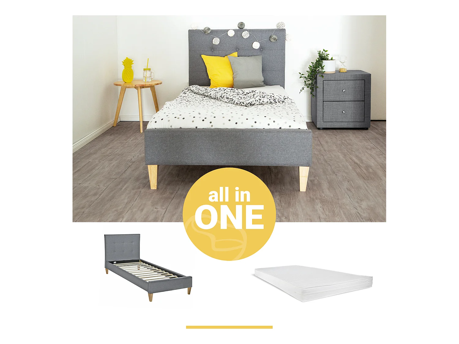 Gepolstertes Bett 90x12x200 cm grau