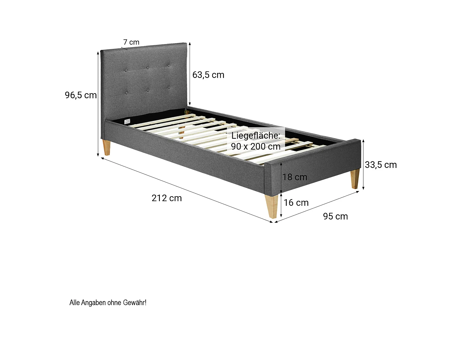 Gepolstertes Bett 90x12x200 cm grau