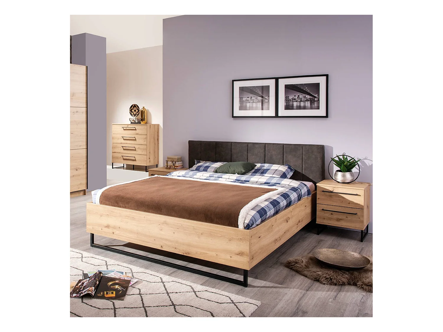 Doppelbett 177,5x94x212 cm grauer Stoff Eiche