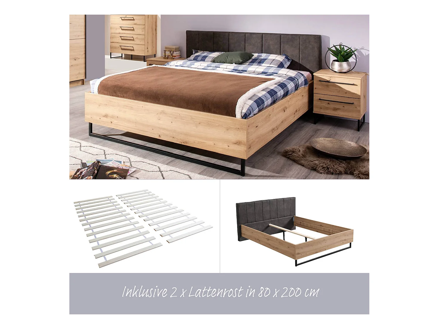 Doppelbett 177,5x94x212 cm grauer Stoff Eiche