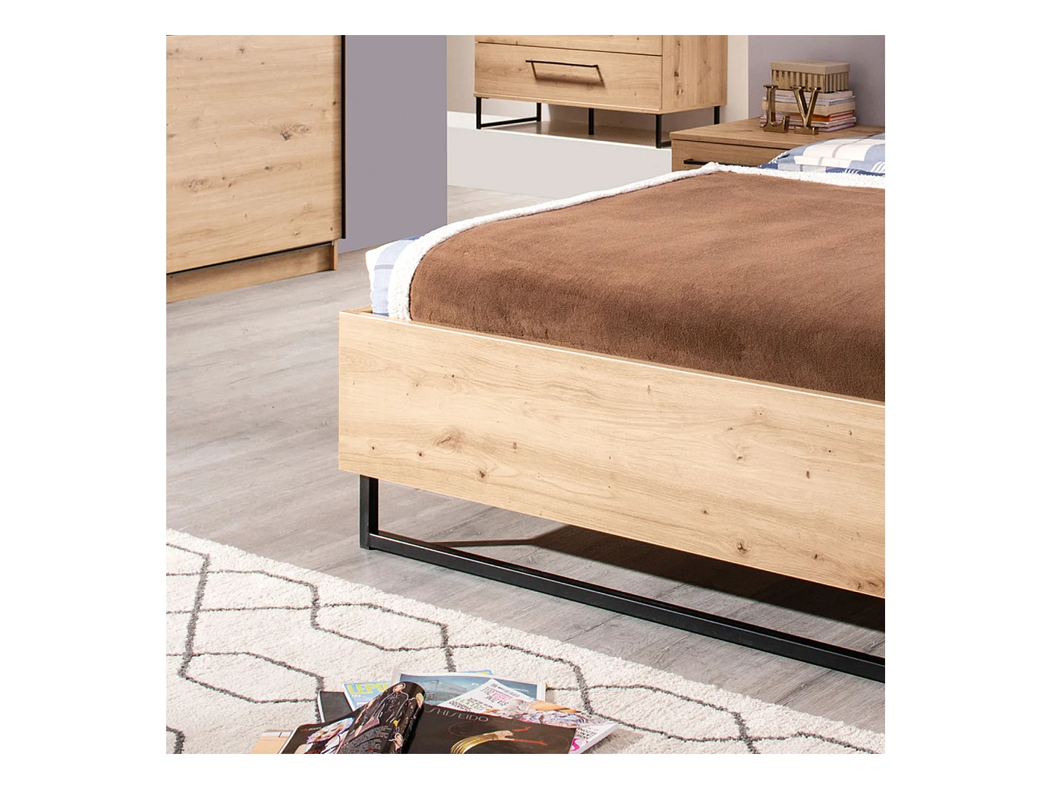 Doppelbett 177,5x94x212 cm grauer Stoff Eiche