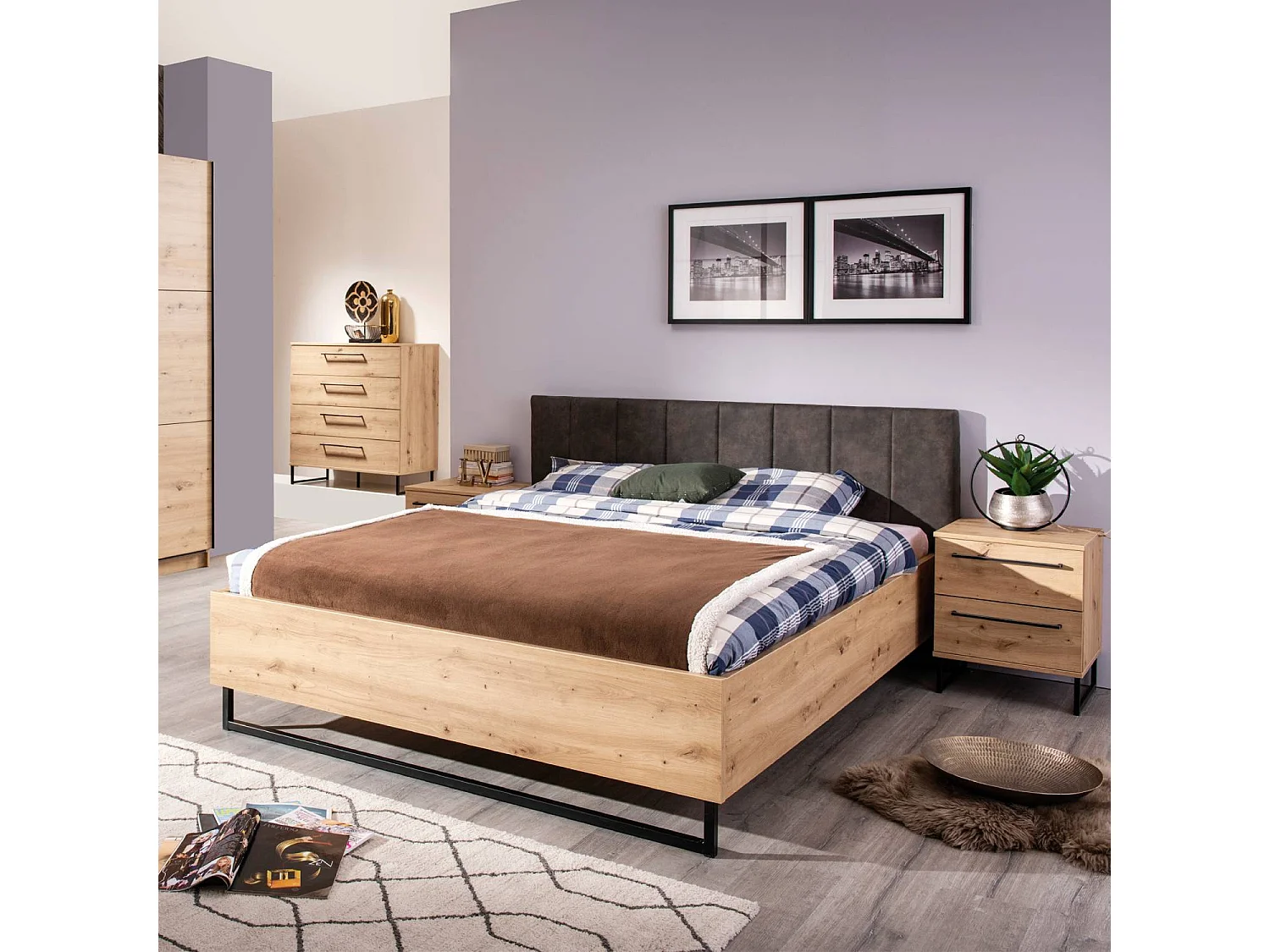 Doppelbett 177,5x94x212 cm grauer Stoff Eiche