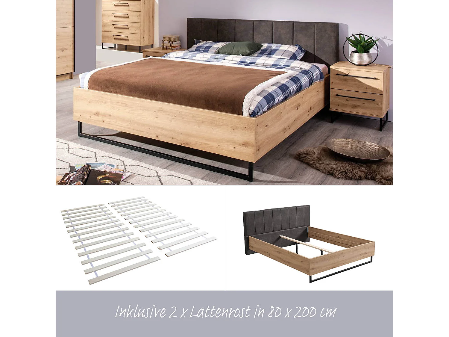 Doppelbett 177,5x94x212 cm grauer Stoff Eiche