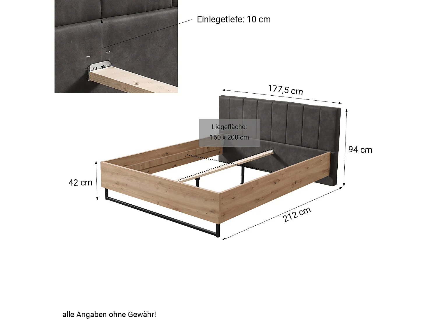 Doppelbett 177,5x94x212 cm grauer Stoff Eiche