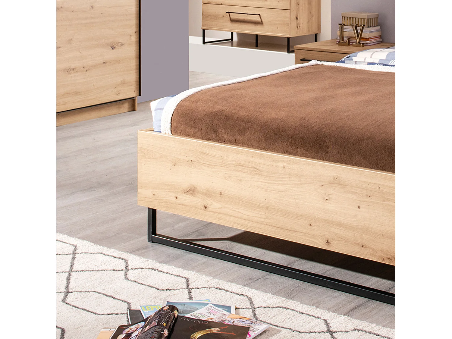 Doppelbett 177,5x94x212 cm grauer Stoff Eiche