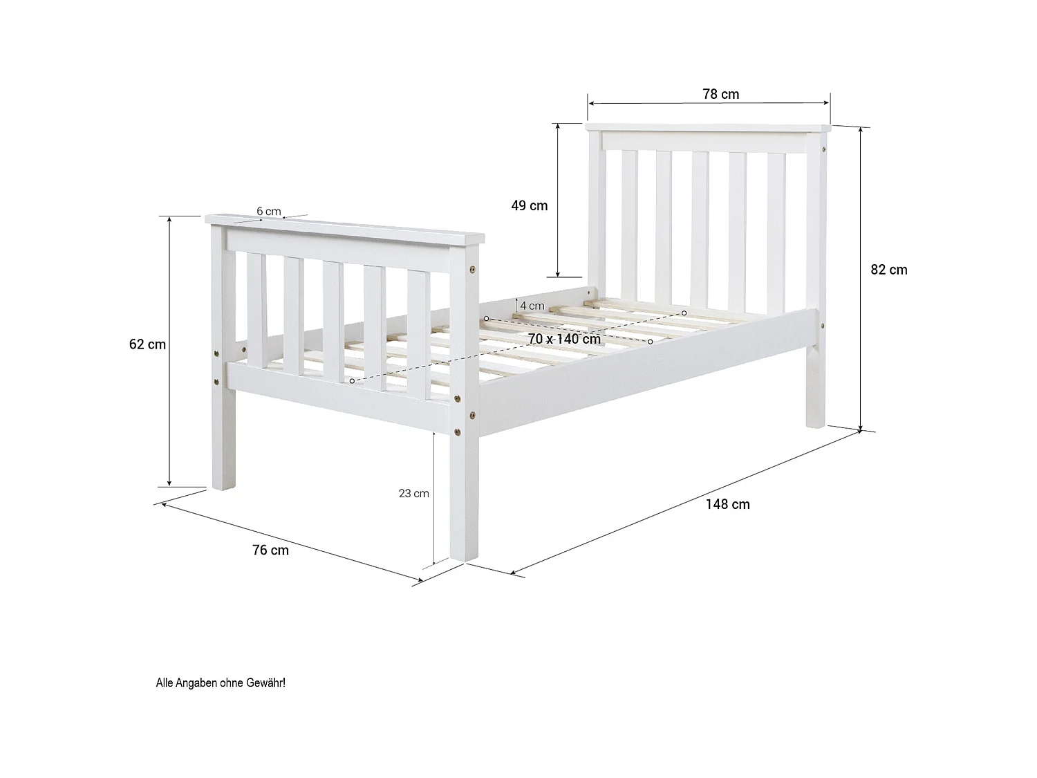 Einzelbett 70x140 cm weiß Shaker-Stil Kinderbett
