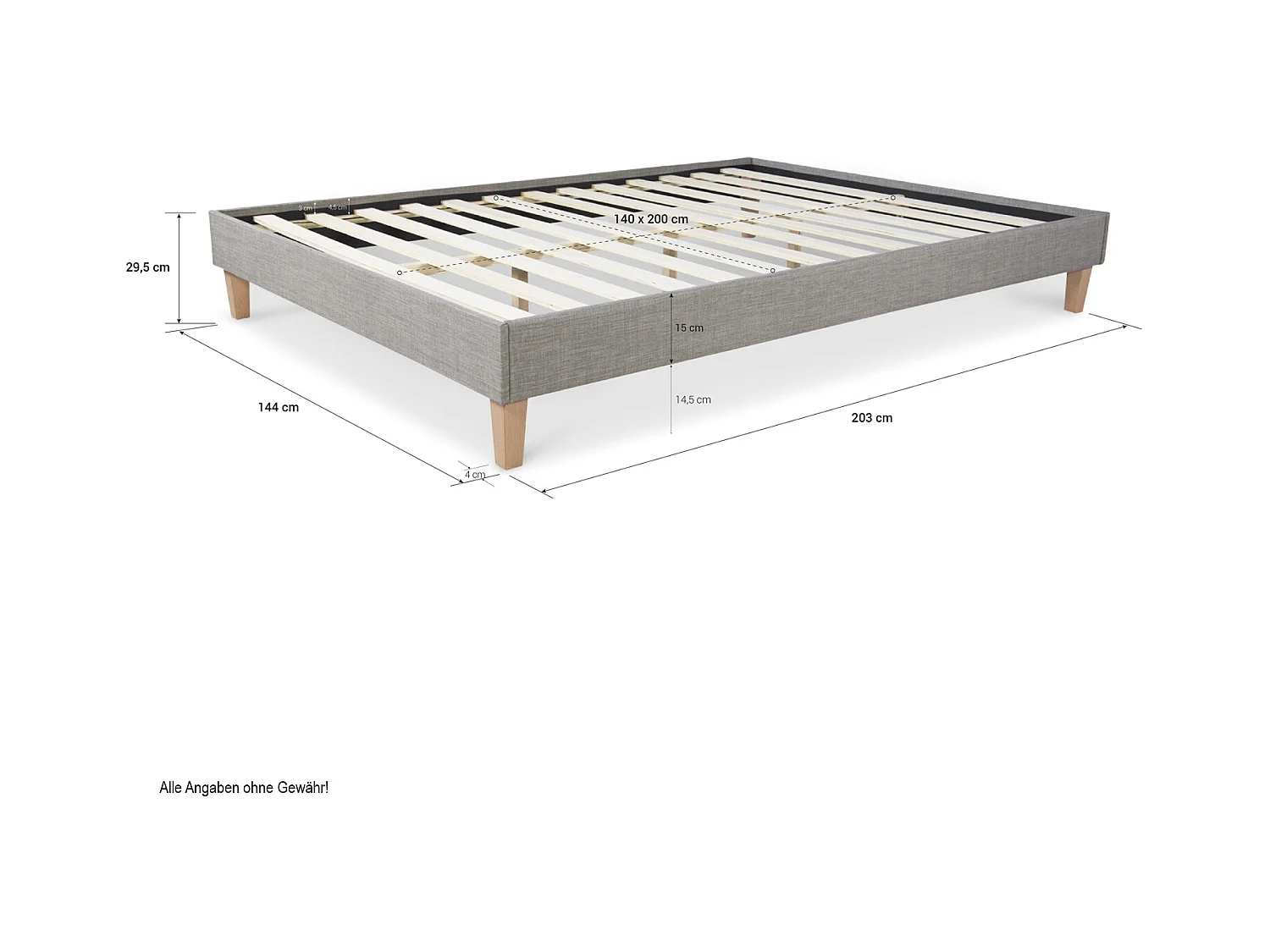 Lit rembourré 140x200x12 cm gris