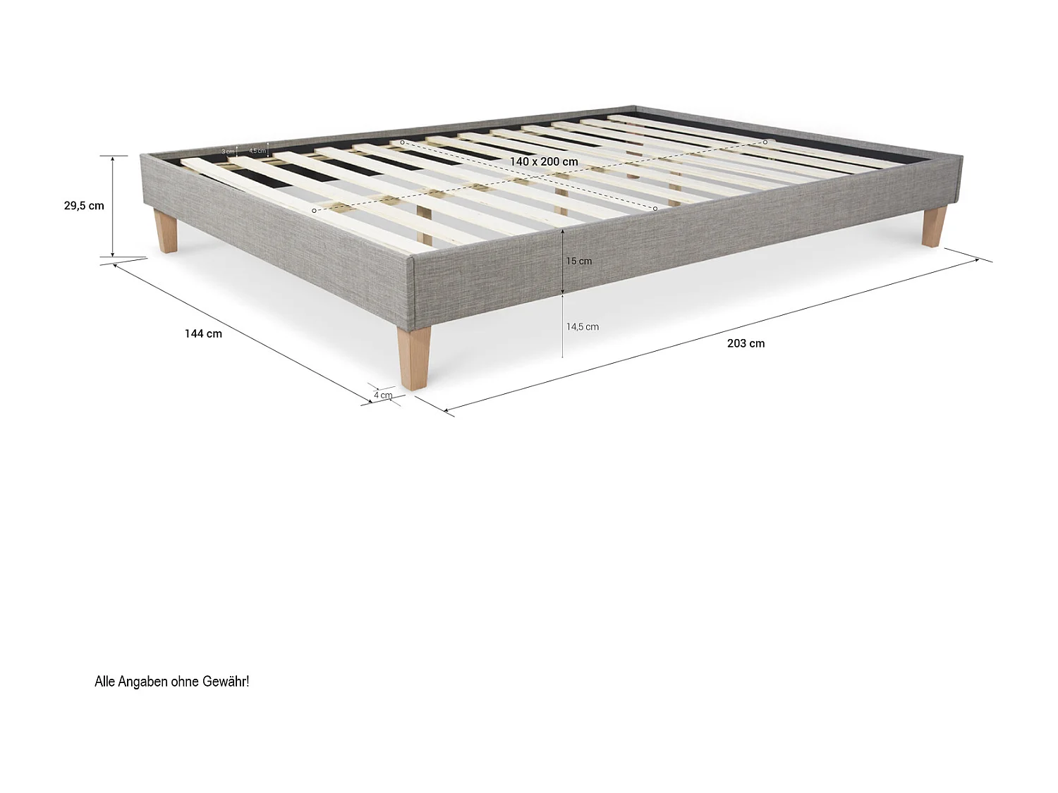 Letto imbottito 140x200x12 cm grigio