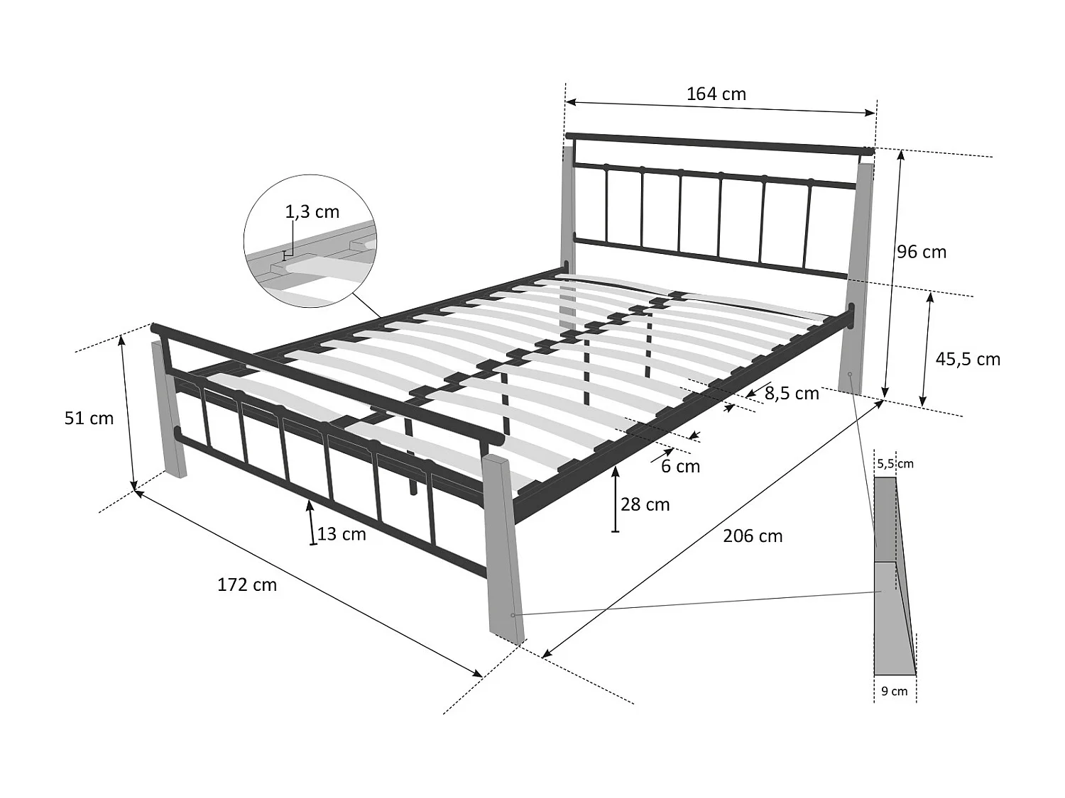 Lit Métallique 160x200 cm Noir Marron 5072