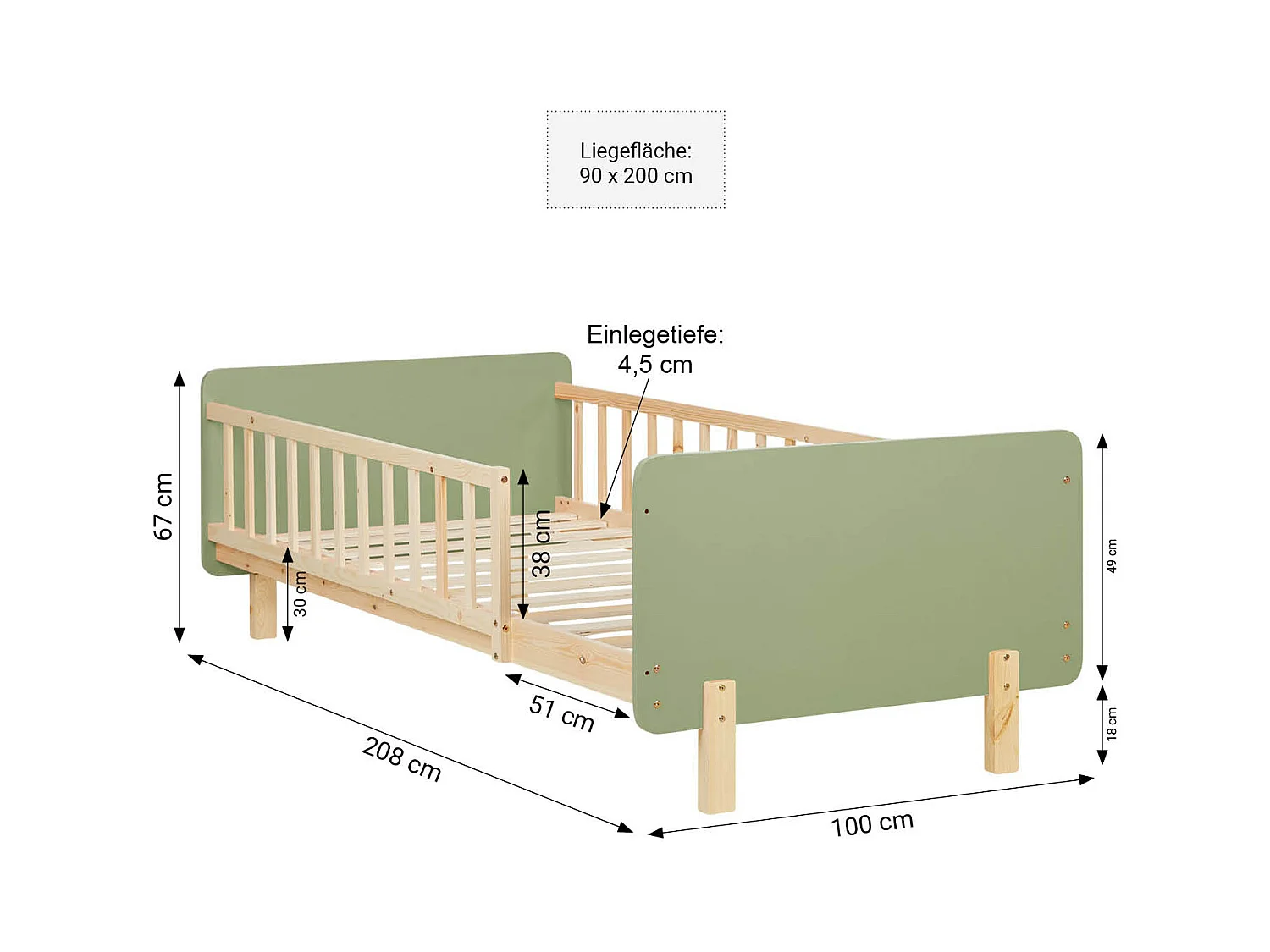 Einzelbett 90x200 cm grün