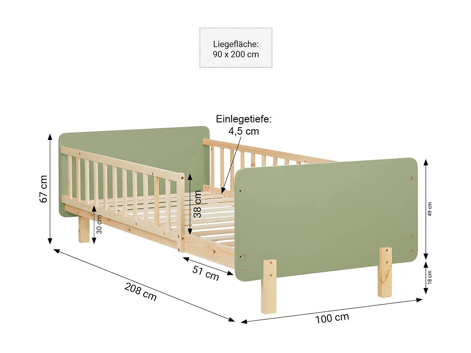Einzelbett 90x200 cm grün