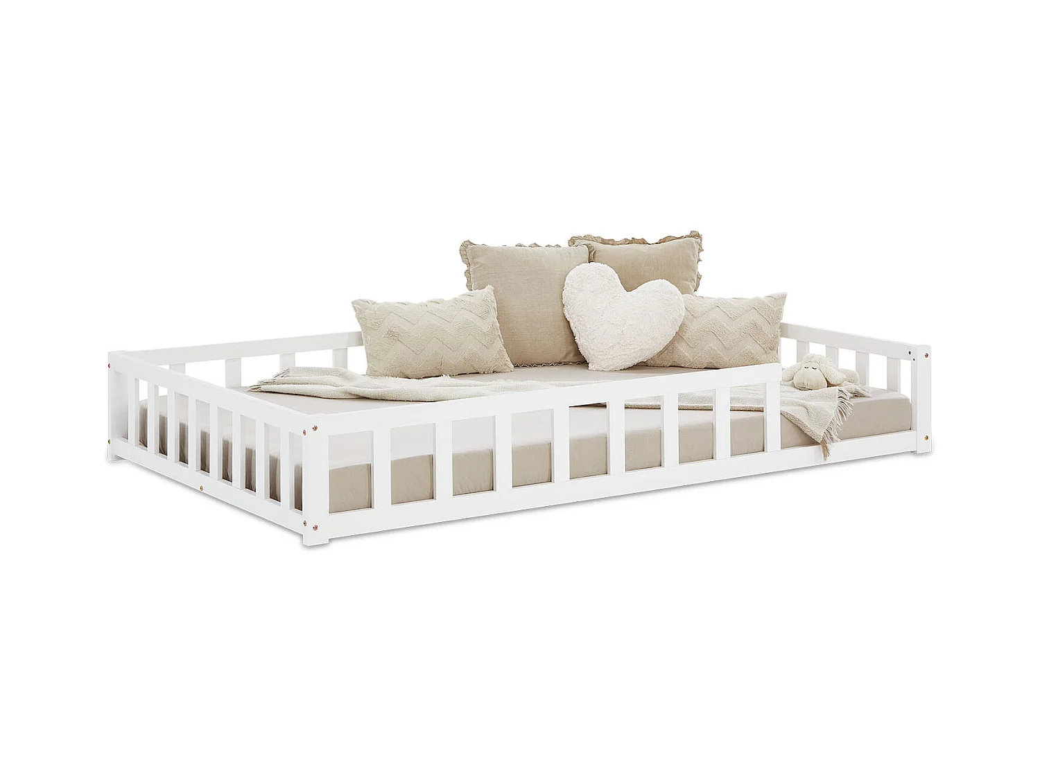 Kinder-Bodenbett 120x200 cm weiß Montessori-Bett mit Schutzgittern