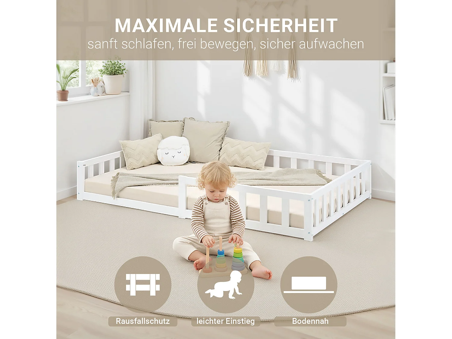 Cama de chão para criança 120x200 cm branca Montessori com barreiras