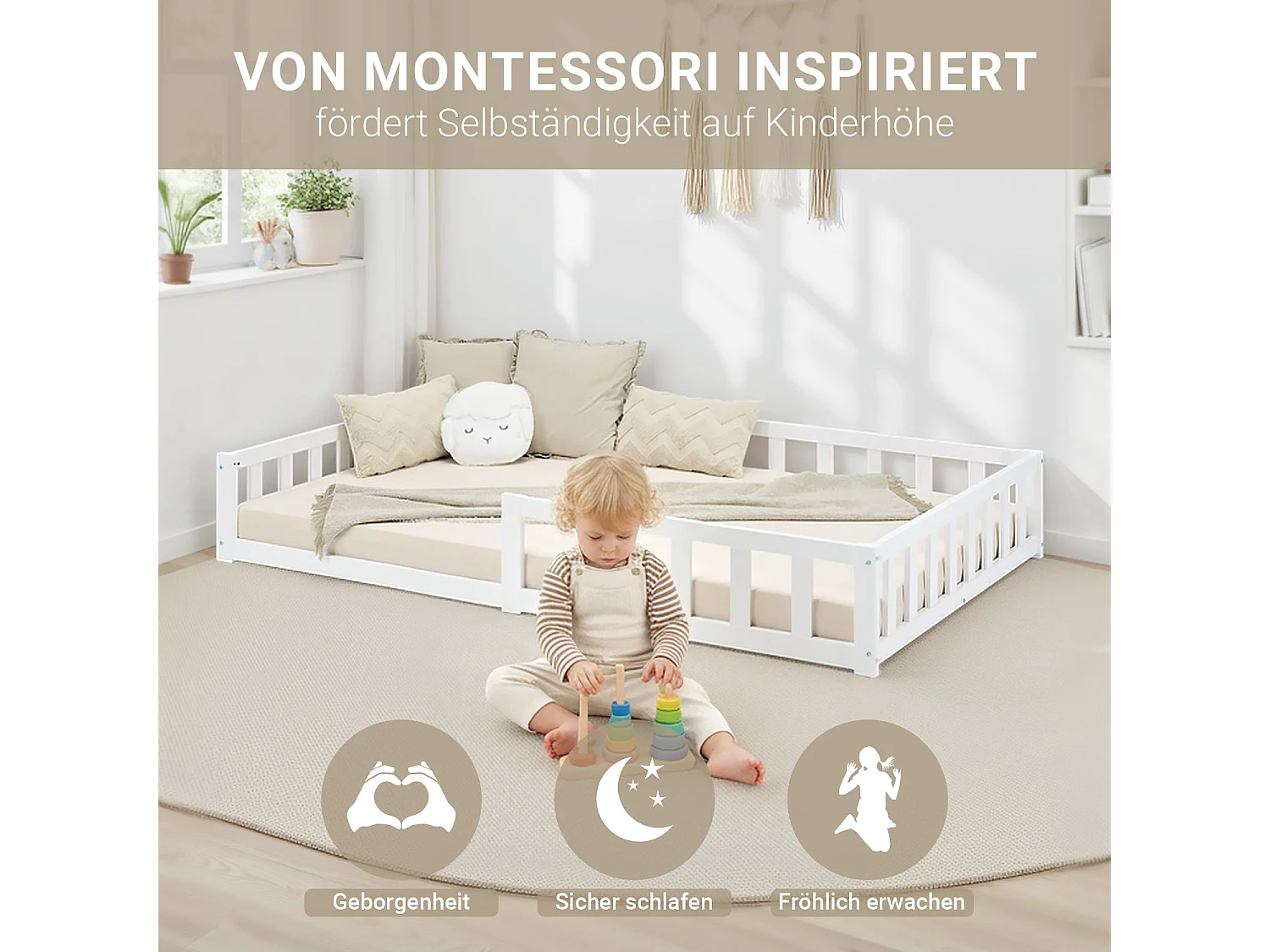 Cama de chão para criança 120x200 cm branca Montessori com barreiras