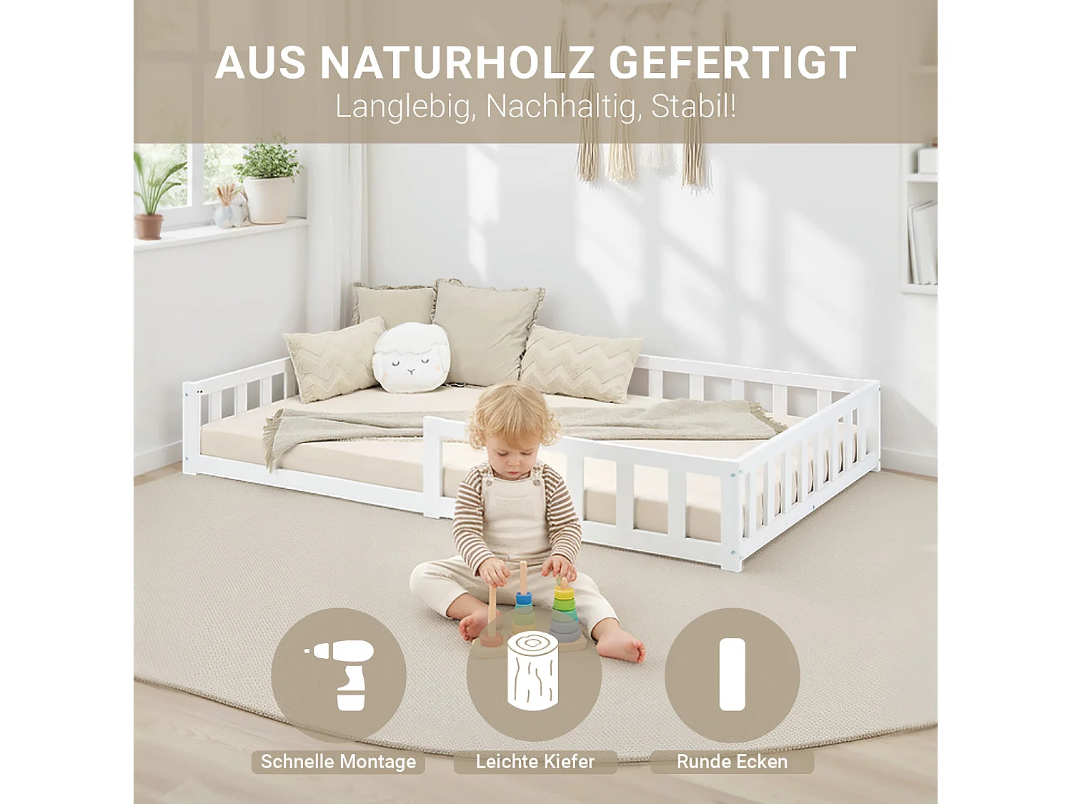 Cama de chão para criança 120x200 cm branca Montessori com barreiras