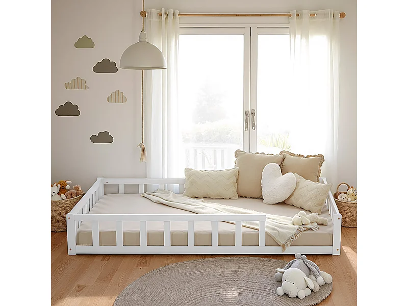 Cama de chão para criança 120x200 cm branca Montessori com barreiras