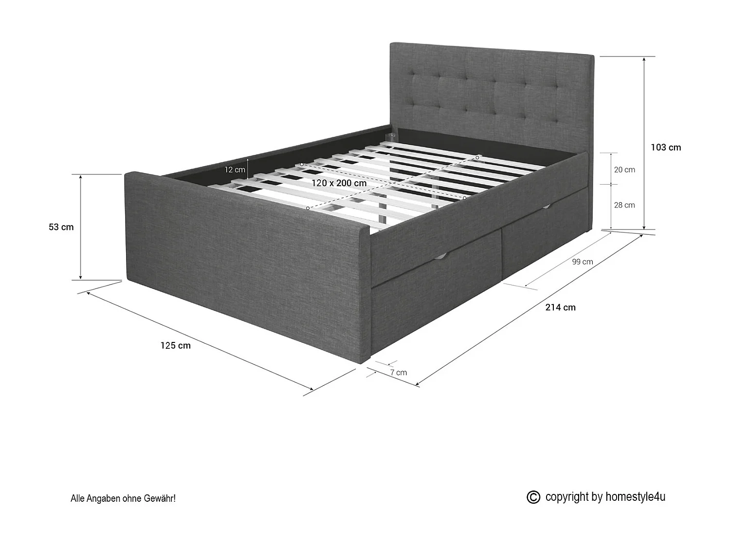 Cadre de lit rembourré 120x200 cm gris