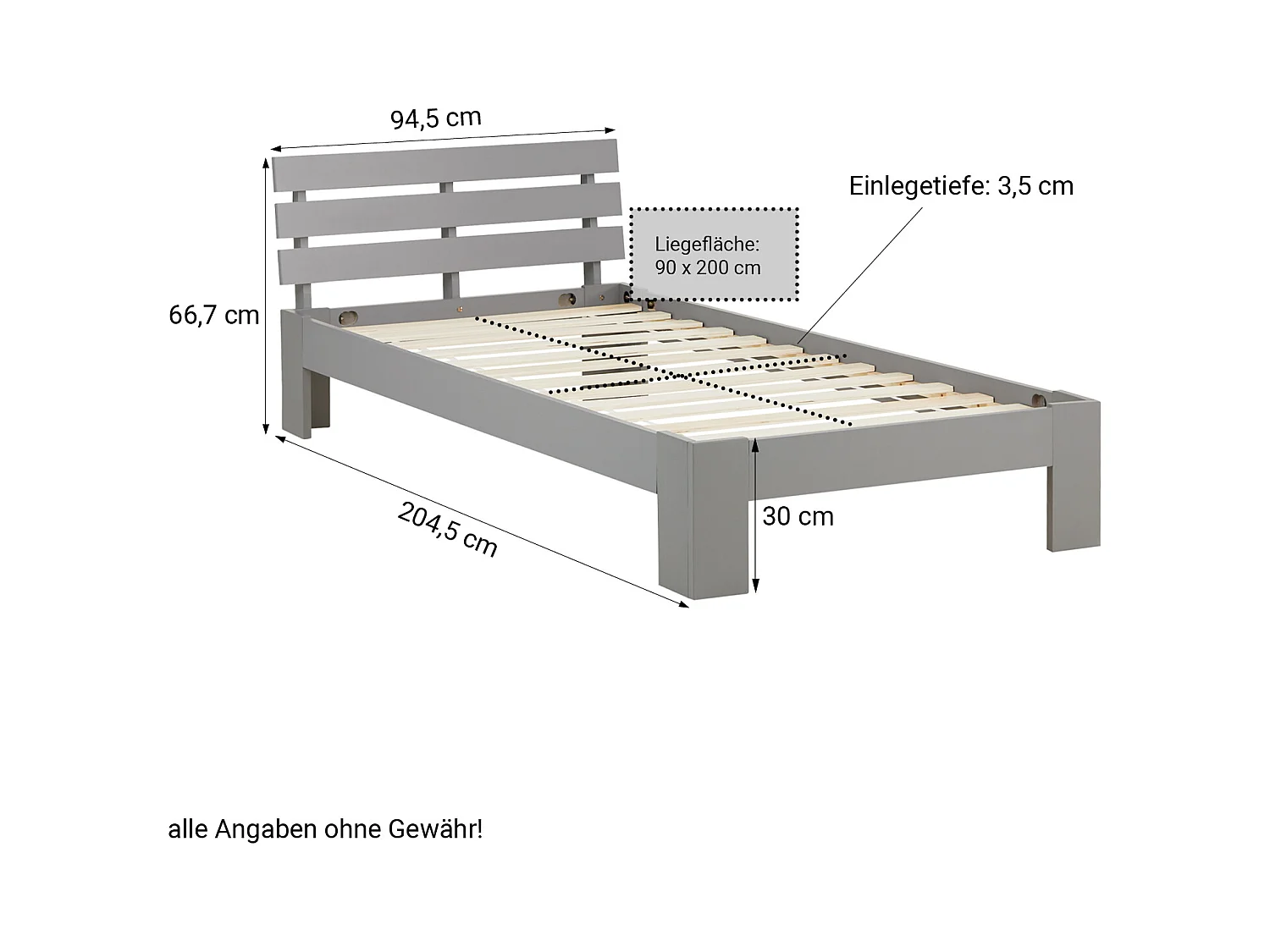 Bett 94,5x204,5x66,7 cm Grau Kiefer