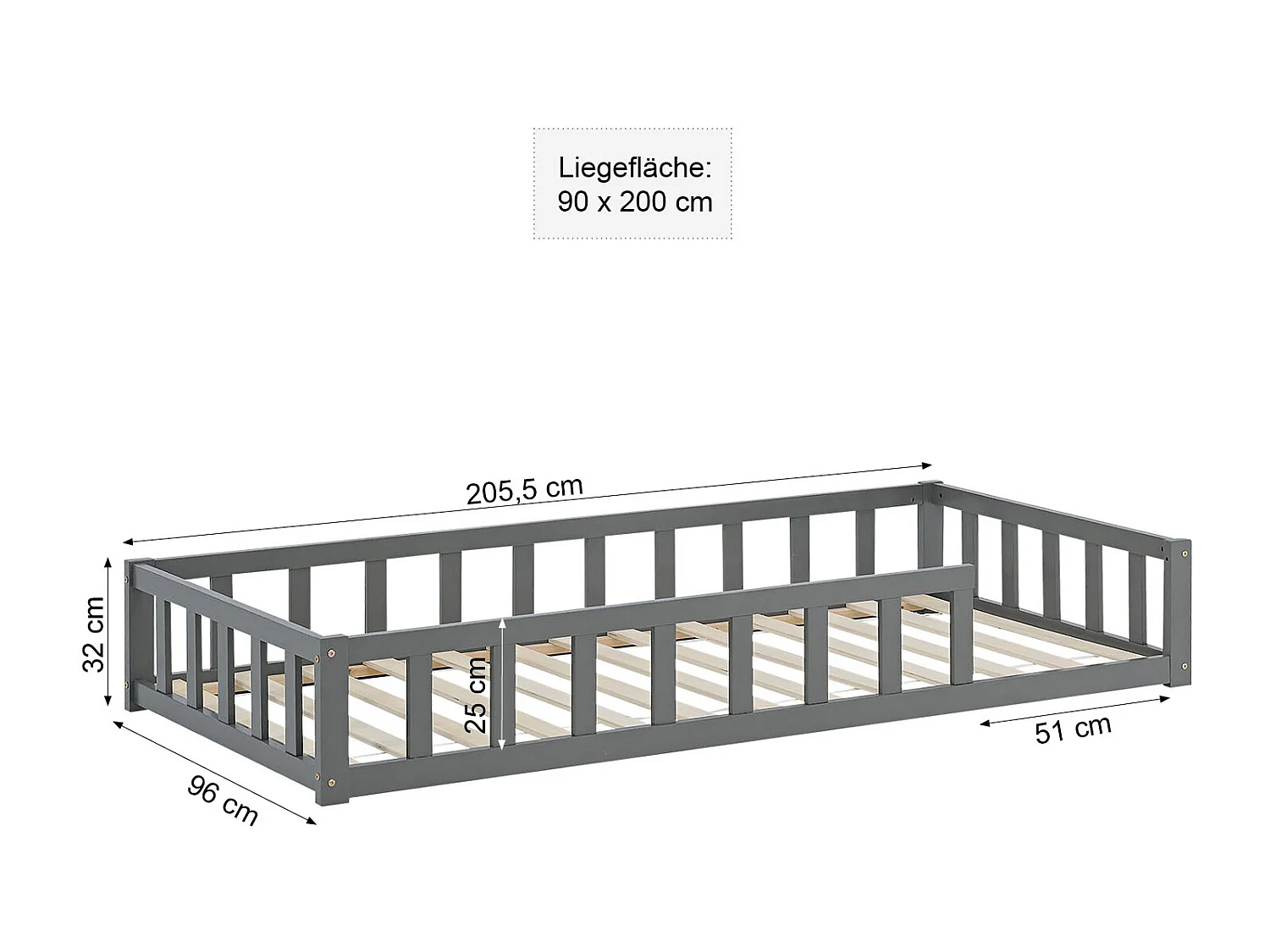 Kinderbett 90x200 cm Grau Montessori