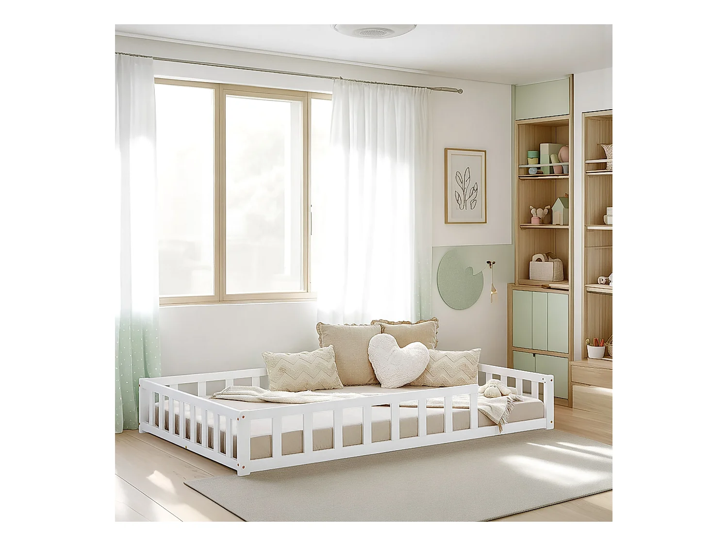 Lit Montessori 120x200 cm blanc pour tout-petit avec barrières