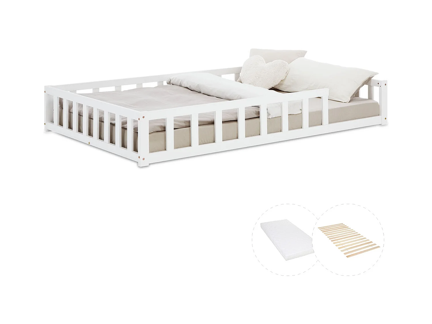 Lit Montessori 120x200 cm blanc pour tout-petit avec barrières