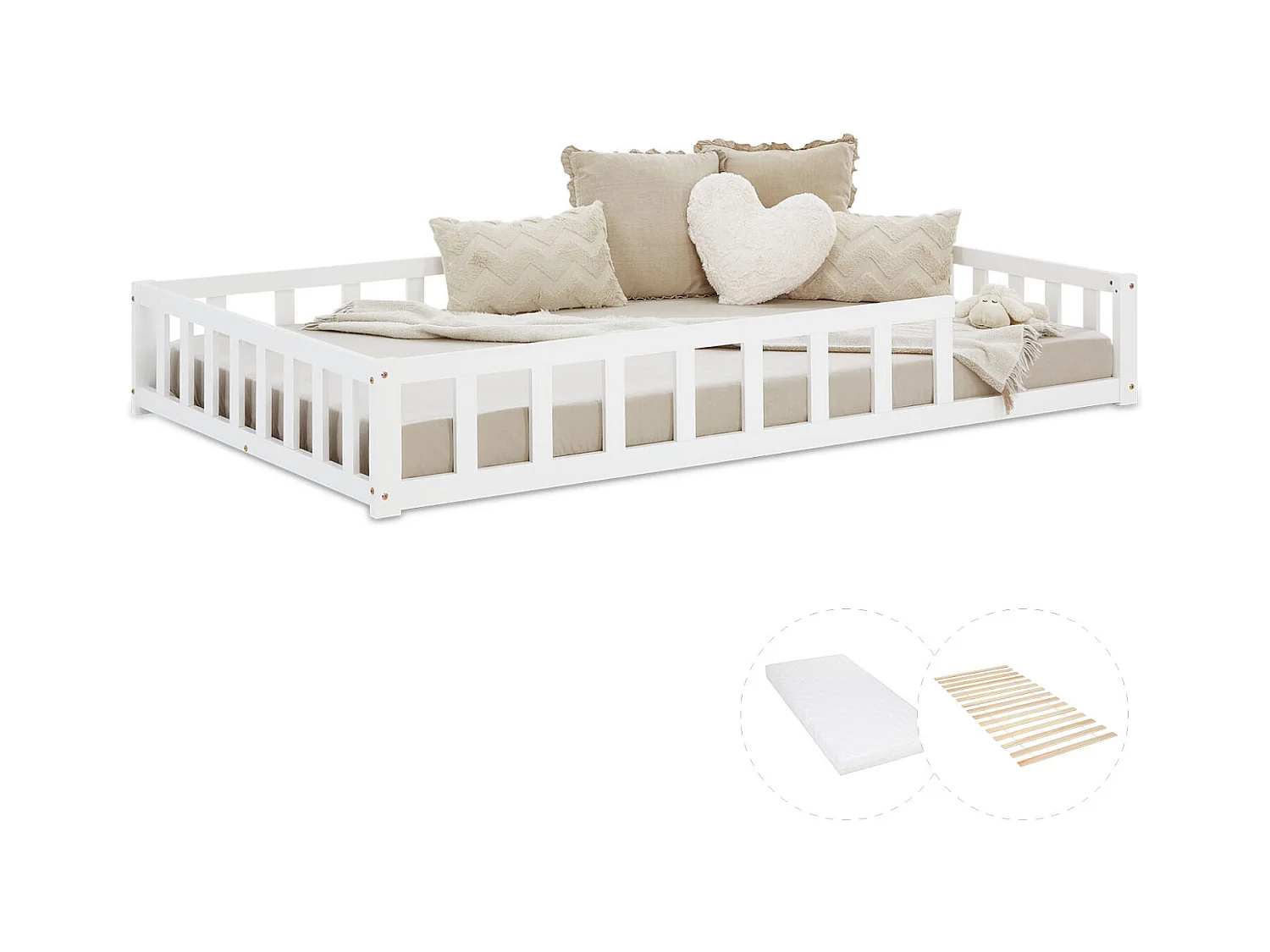 Lit Montessori 120x200 cm blanc pour tout-petit avec barrières