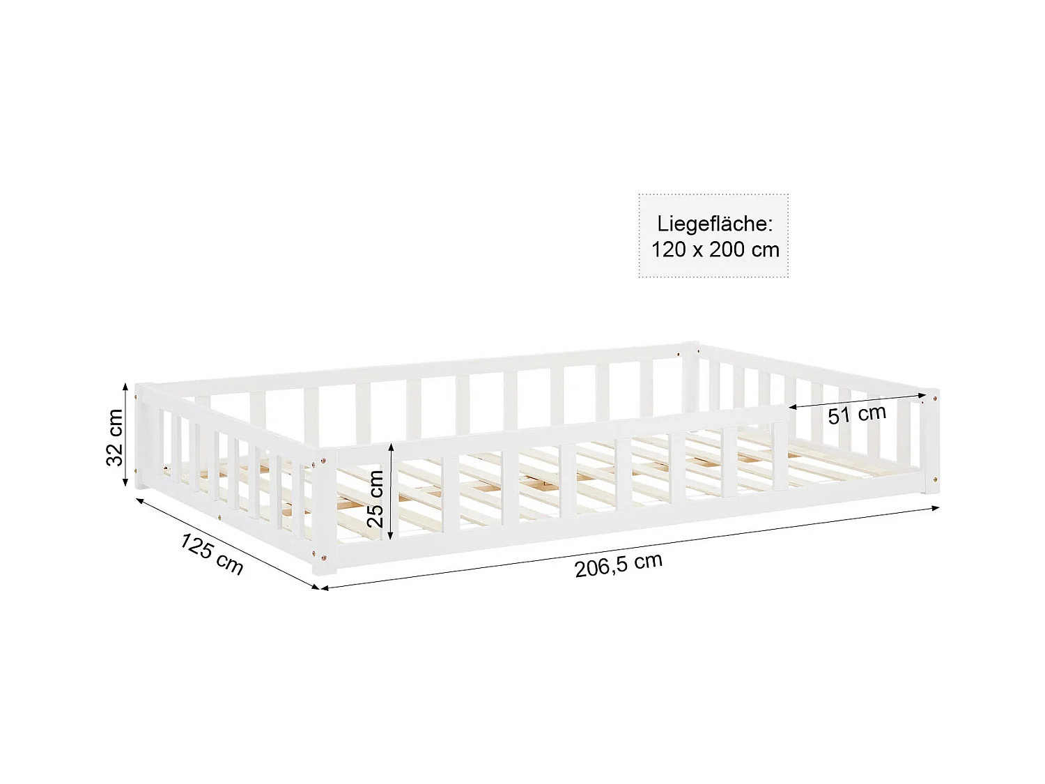 Lit Montessori 120x200 cm blanc pour tout-petit avec barrières