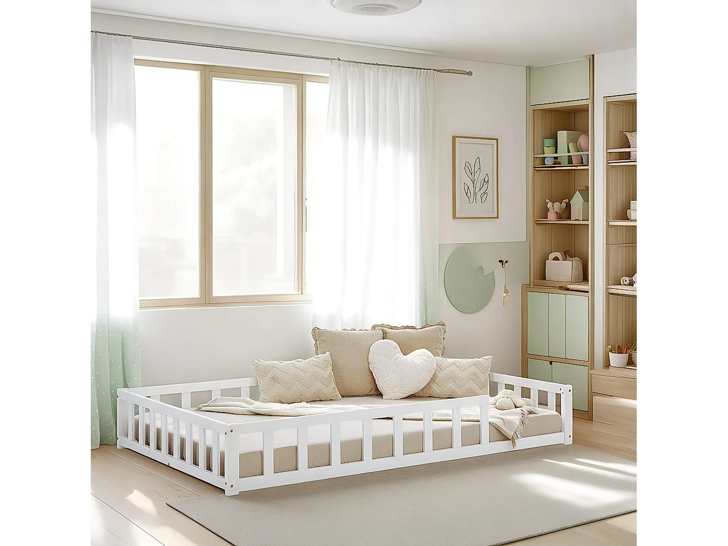 Lit Montessori 120x200 cm blanc pour tout-petit avec barrières