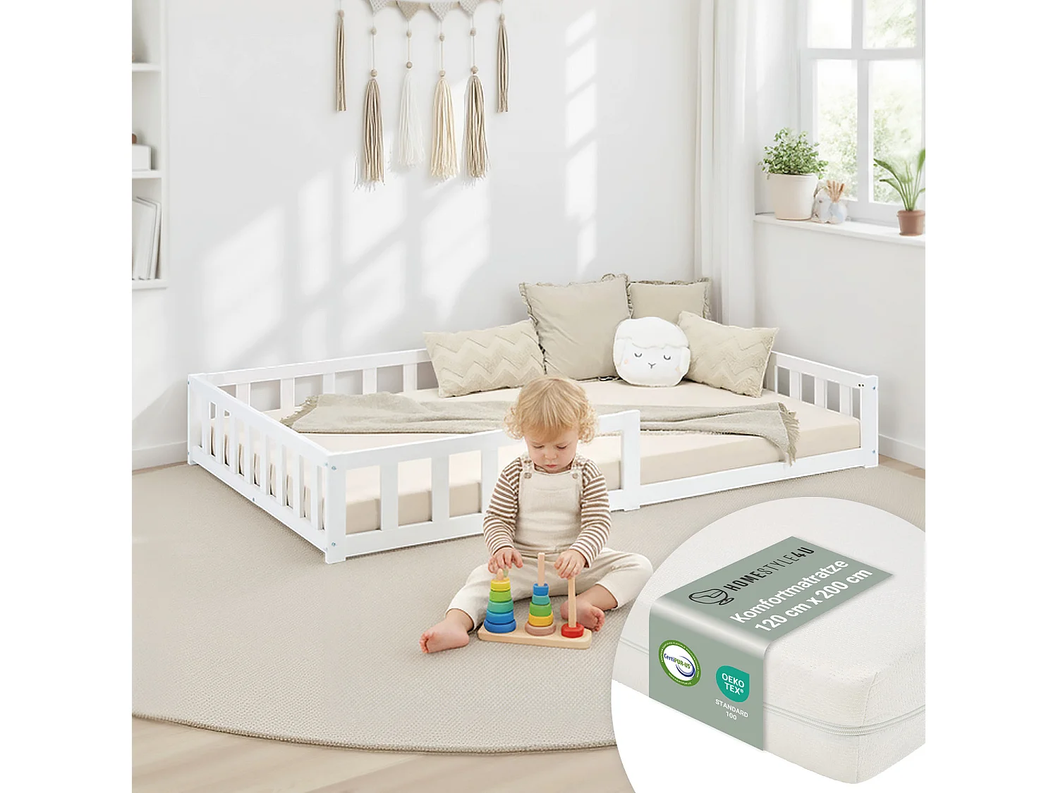 Lit Montessori 120x200 cm blanc pour tout-petit avec barrières