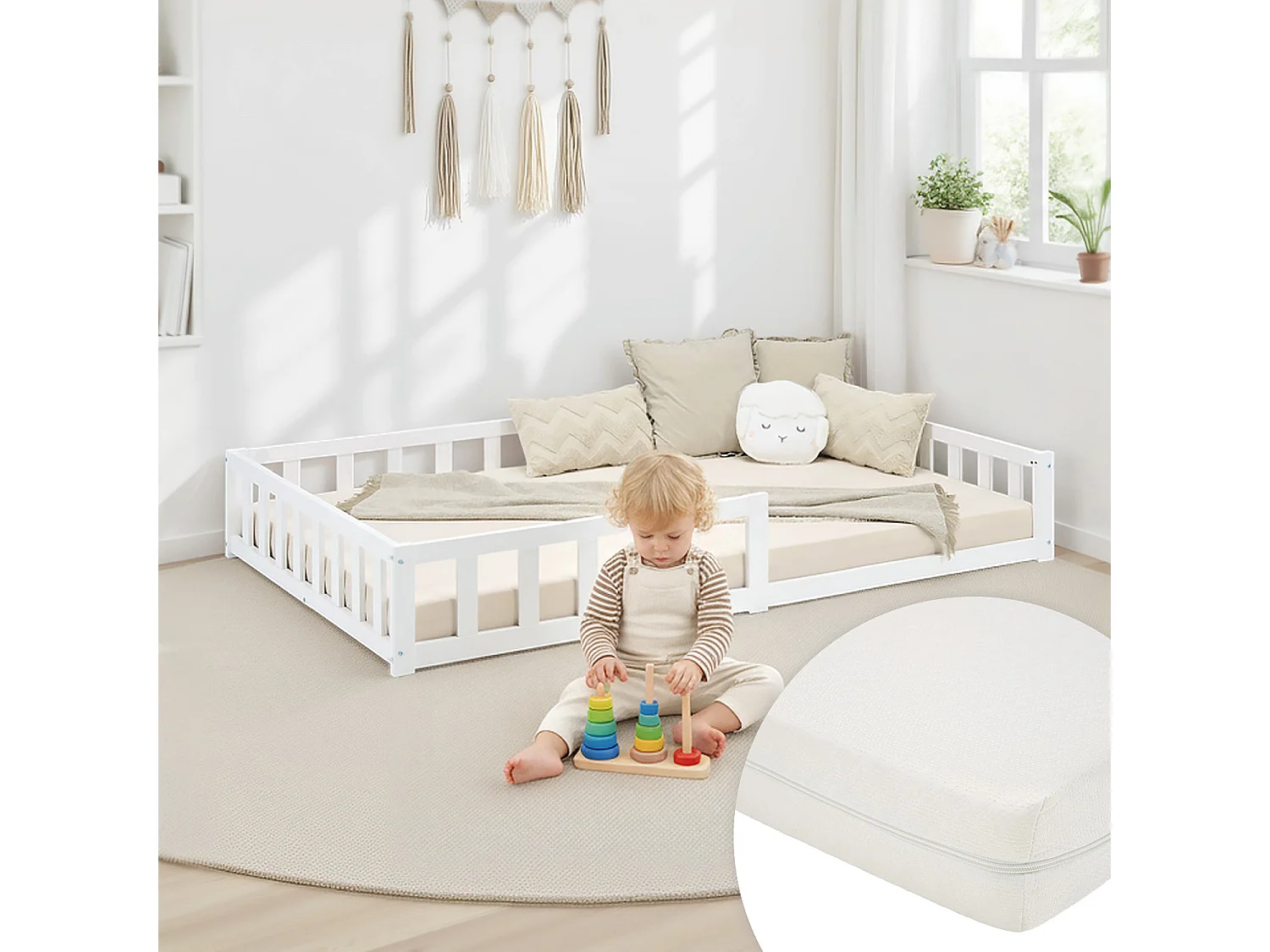 Lit Montessori 120x200 cm blanc pour tout-petit avec barrières