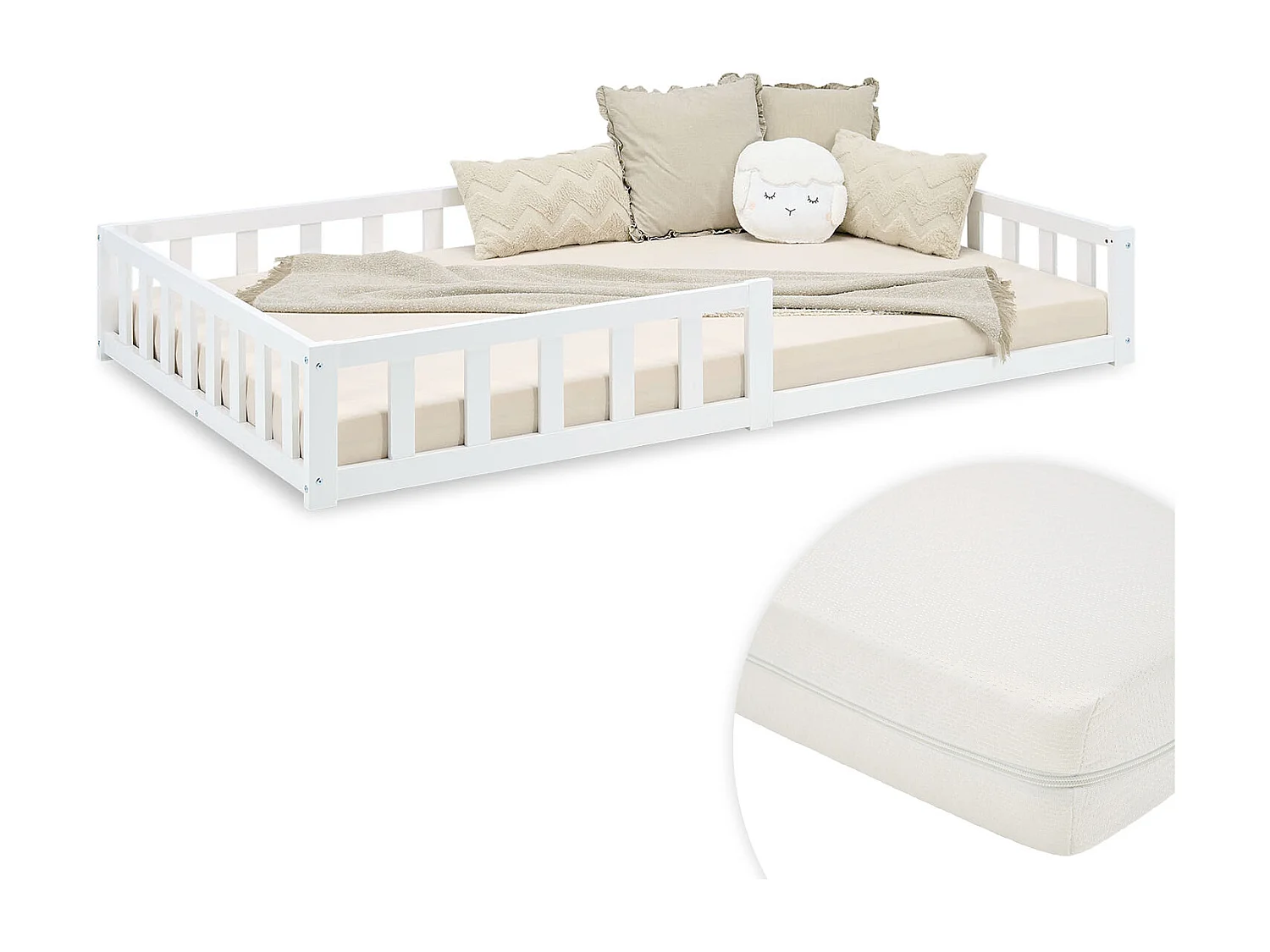 Lit Montessori 120x200 cm blanc pour tout-petit avec barrières