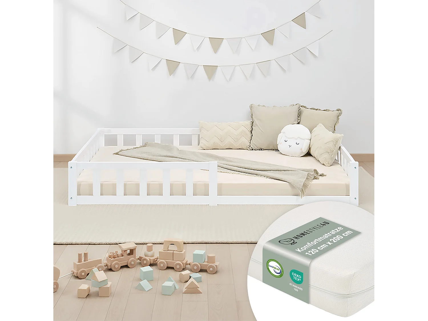 Lit Montessori 120x200 cm blanc pour tout-petit avec barrières